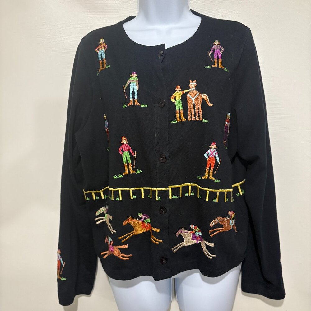 Michael Simon Lite L Horse Racing Jockey Embroidered Cardigan Sweater Equestrian